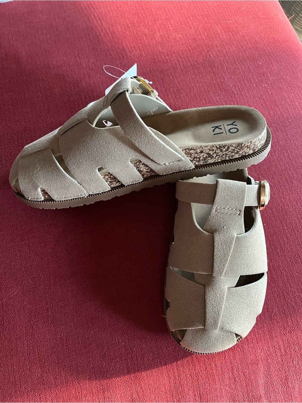 Yoki Taupe Strappy Suede Buckle Slide Sandals